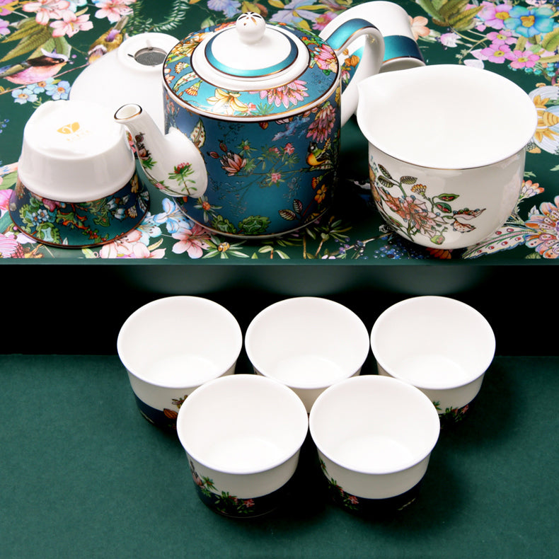 Luxury Bone China Gongfu Tea Set - Enameling of Floral Motif in Green