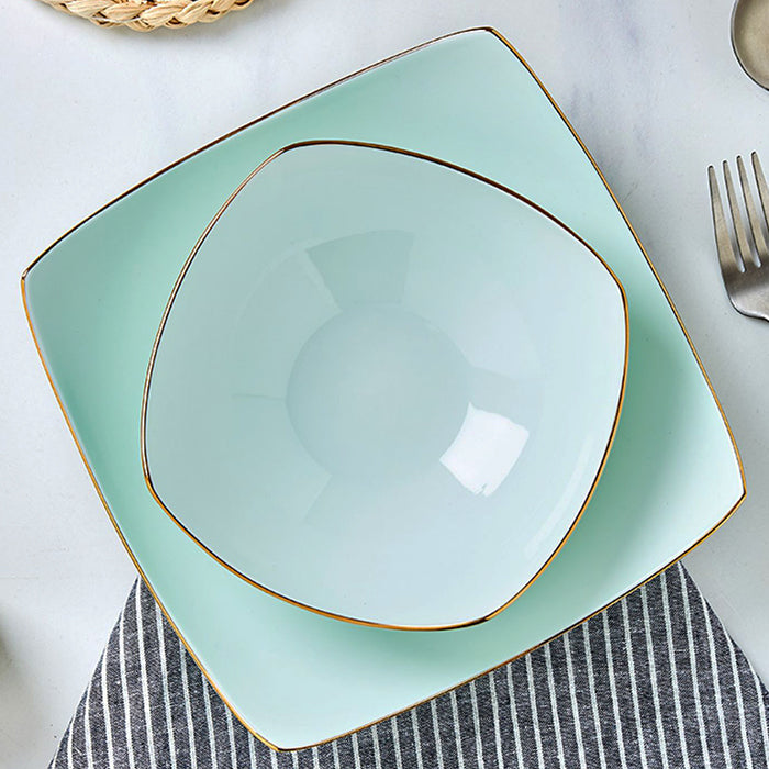 Bone China Celadon Square Plate - Curved Edge with Upward Angles