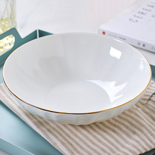 Bone China Ribbed Bowl - with Wide Mouth & Gold Rim