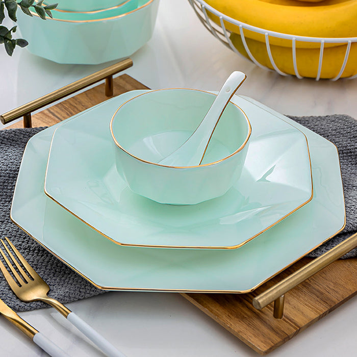 Bone China Celadon Dinnerware - Octagon Plate with Gold Rim