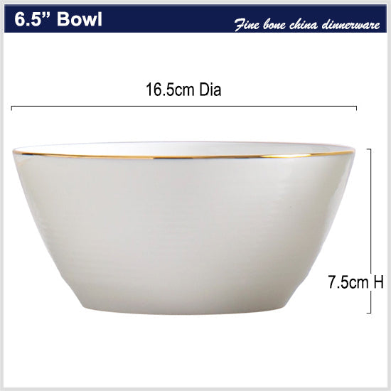 Bone China Round Bowl - Horizontal Ridges & Gold Rim