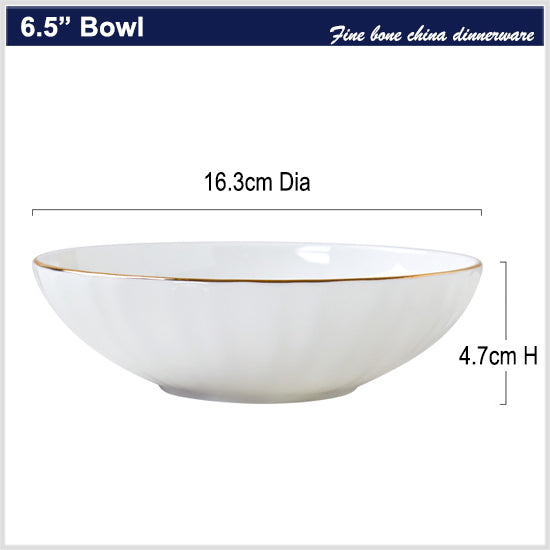 Bone China Ribbed Bowl - with Wide Mouth & Gold Rim