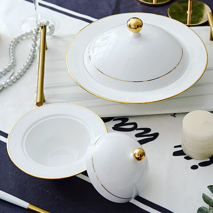 Bone China Steam Soup Bowl W/ Lid - Gold Rimmed