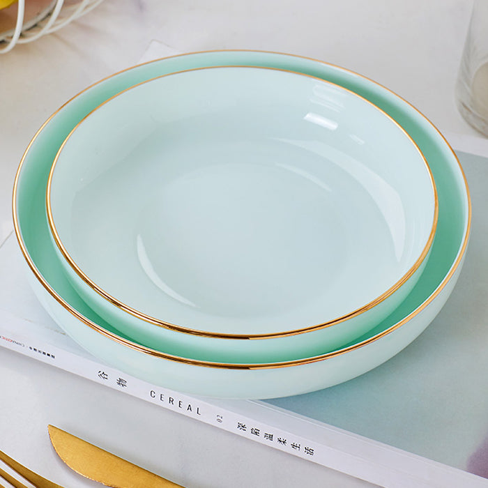 Bone China Celadon Dinnerware - Round Plate with Gold Rim