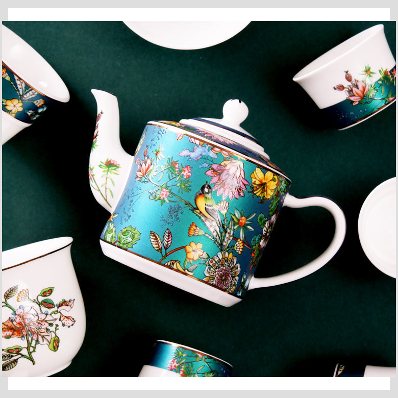 Luxury Bone China Gongfu Tea Set - Enameling of Floral Motif in Green