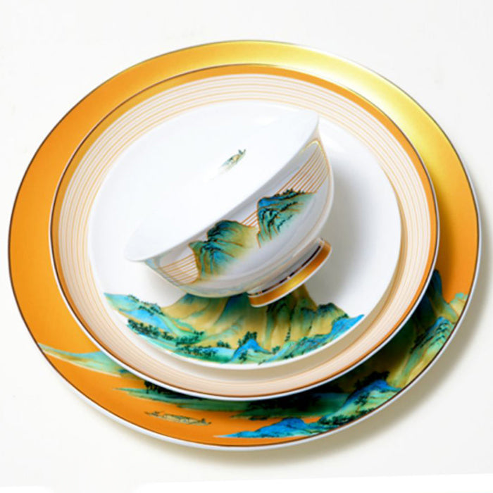 Luxury Bone China Dining Ware Collection - Embossed Gold on Enameling of Landscape Motif with Yellow Background