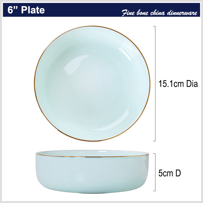 Bone China Celadon Dinnerware - Round Plate with Gold Rim