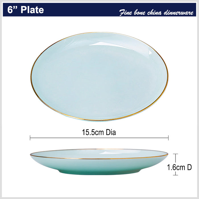 Bone China Celadon Dinnerware - Flat Plate with Gold Rim
