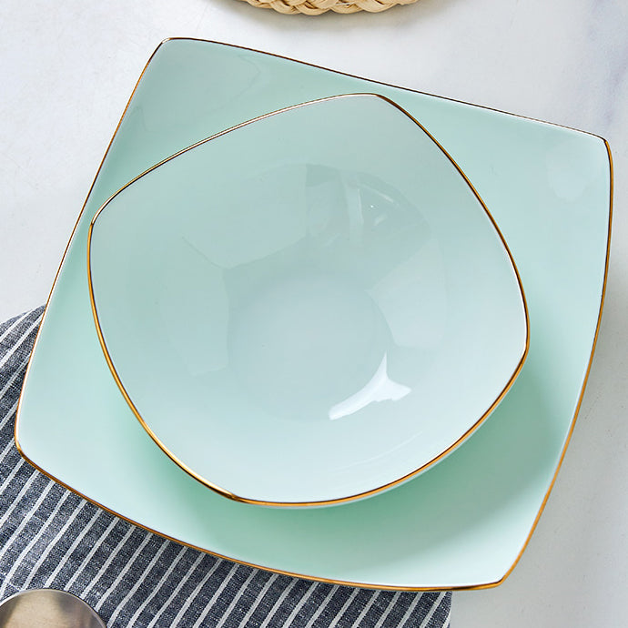 Bone China Celadon Square Plate - Curved Edge with Upward Angles