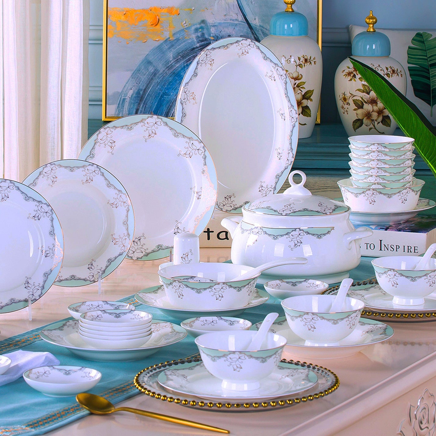 Bone China Dinnerware Set - Decorative Pattern in Pale Blue