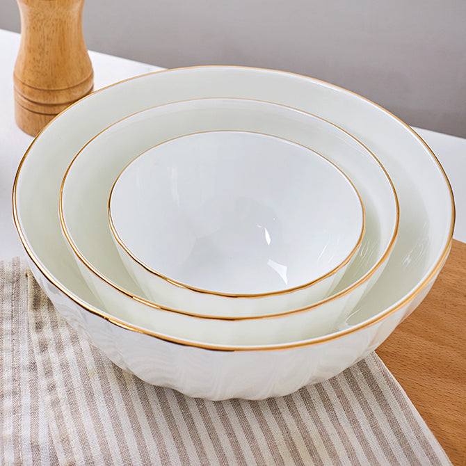 Bone China Ribbed Bowl - White with Gold Rim