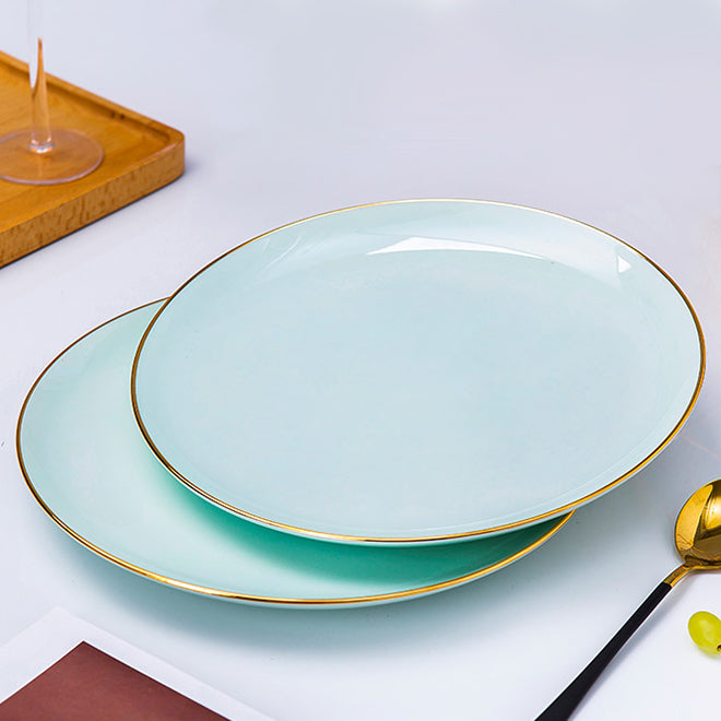 Bone China Celadon Dinnerware - Flat Plate with Gold Rim