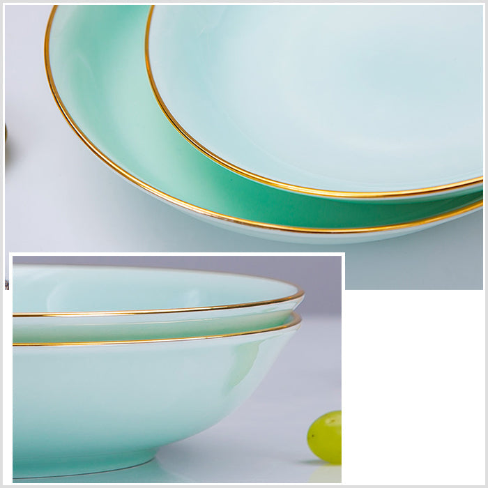 Bone China Celadon Dinnerware - Soup Plate with Gold Rim