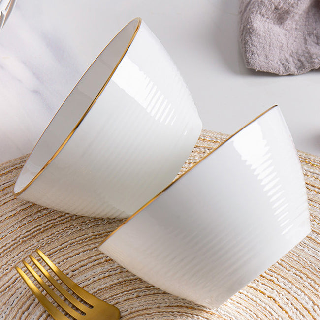 Bone China Round Bowl - Horizontal Ridges & Gold Rim