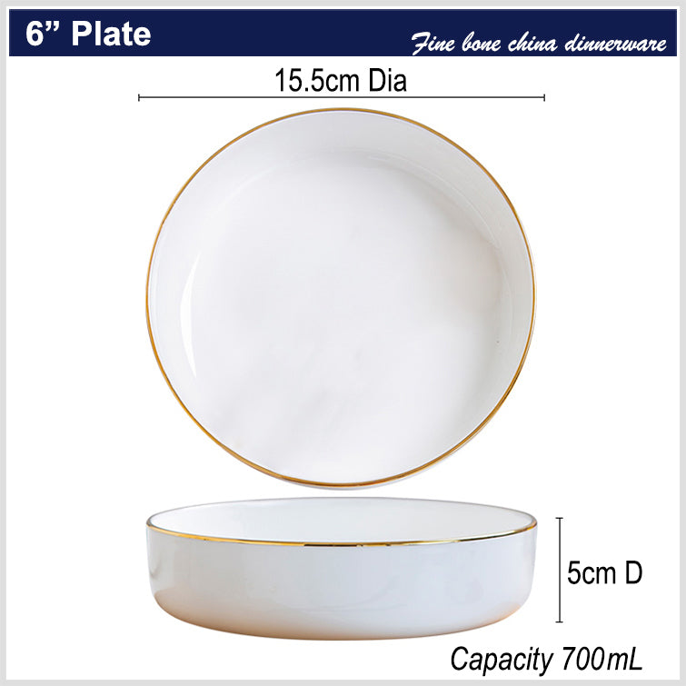 Bone China Dinnerware - Round Plate with Gold Rim