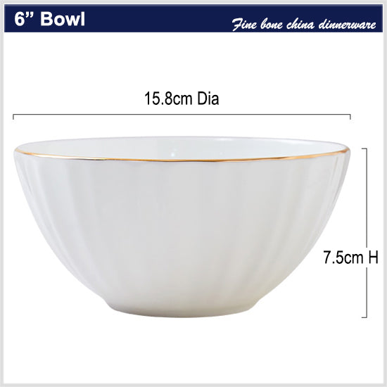 Bone China Ribbed Bowl - White with Gold Rim