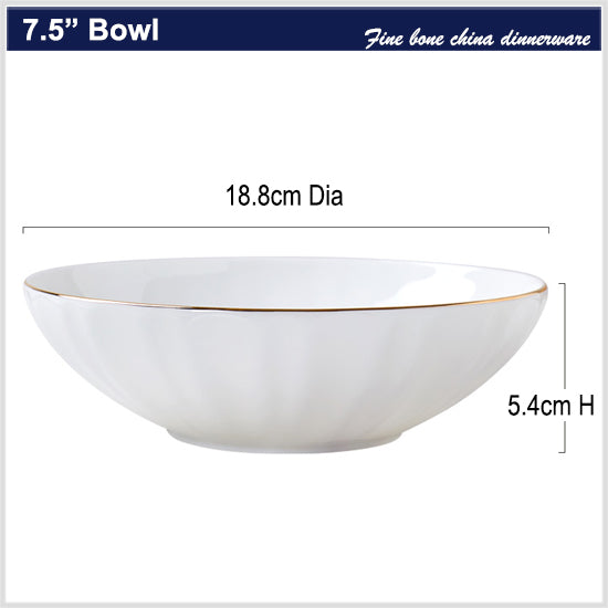 Bone China Ribbed Bowl - with Wide Mouth & Gold Rim