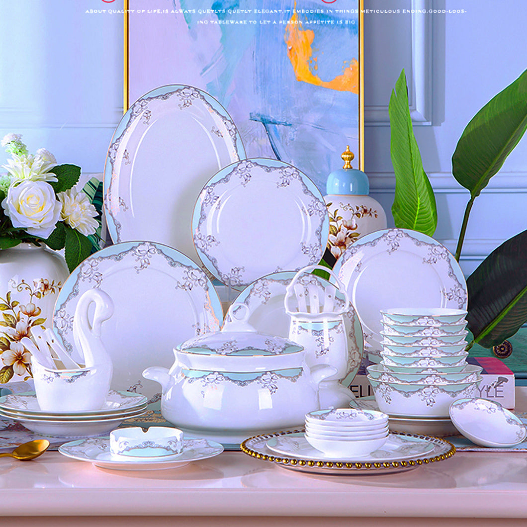 Bone China Dinnerware Set - Decorative Pattern in Pale Blue