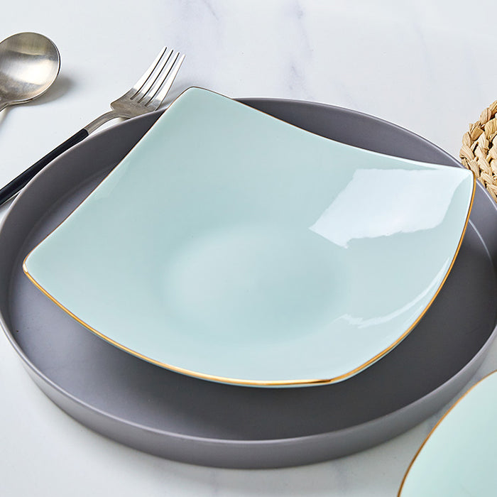 Bone China Celadon Square Plate - Curved Edge with Upward Angles