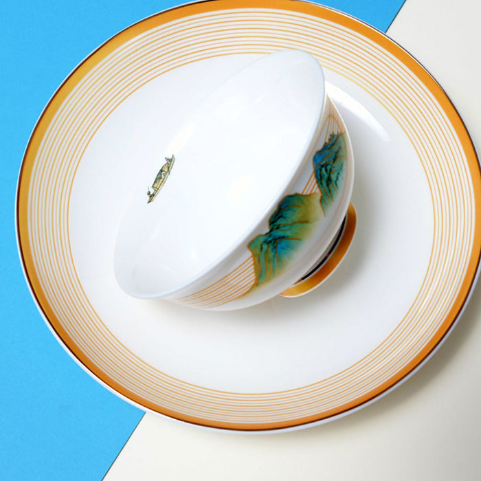 Luxury Bone China Dining Ware Collection - Embossed Gold on Enameling of Landscape Motif with Yellow Background