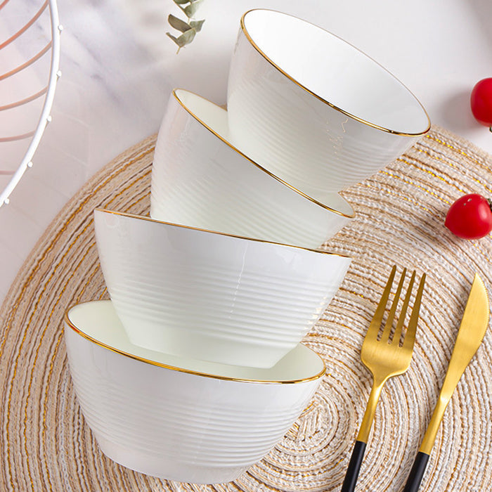 Bone China Round Bowl - Horizontal Ridges & Gold Rim