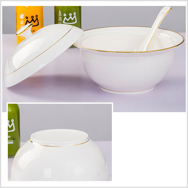 Bone China Round Soup Tureen - White with Gold Rim