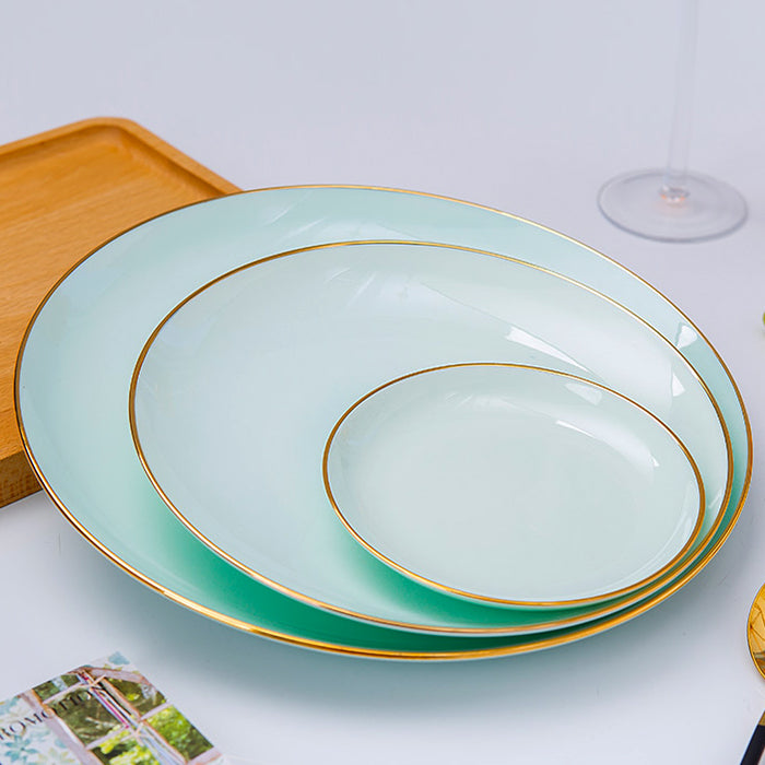 Bone China Celadon Dinnerware - Flat Plate with Gold Rim