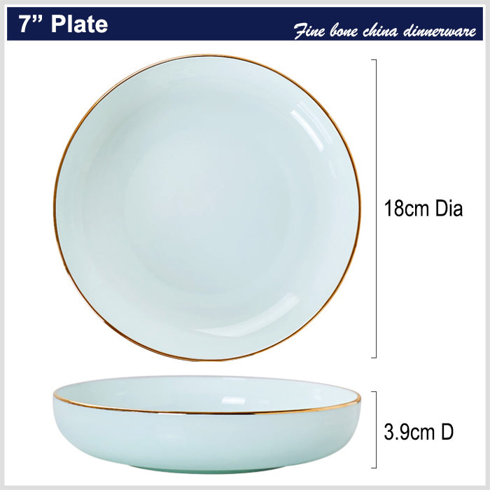 Bone China Celadon Dinnerware - Round Plate with Gold Rim