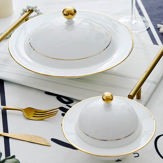 Bone China Steam Soup Bowl W/ Lid - Gold Rimmed
