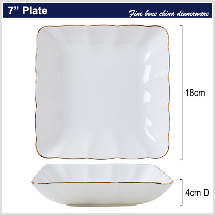 Bone China Square Plate with Gold Rim - Scallop or Ribbed Edge
