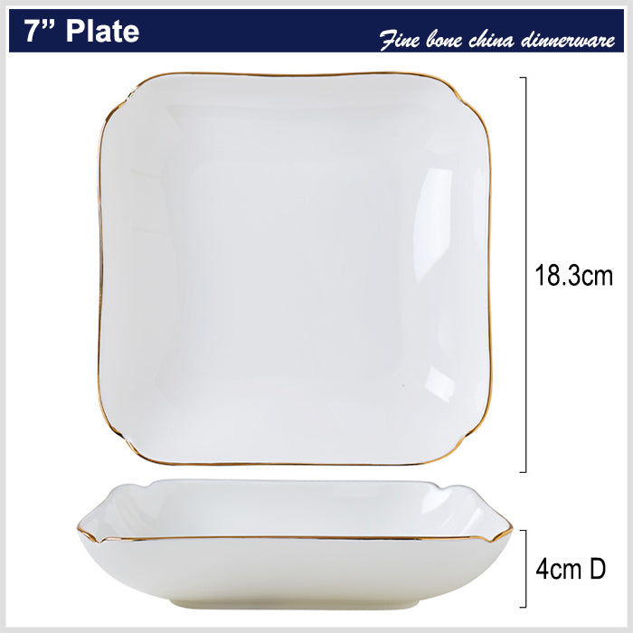 Bone China Square Plate with Gold Rim - Scallop or Ribbed Edge