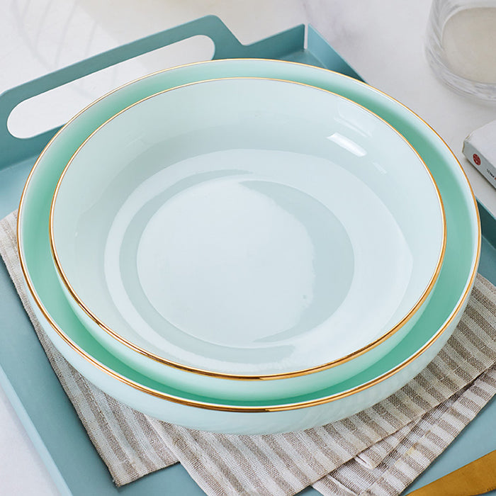 Bone China Celadon Dinnerware - Round Plate with Gold Rim