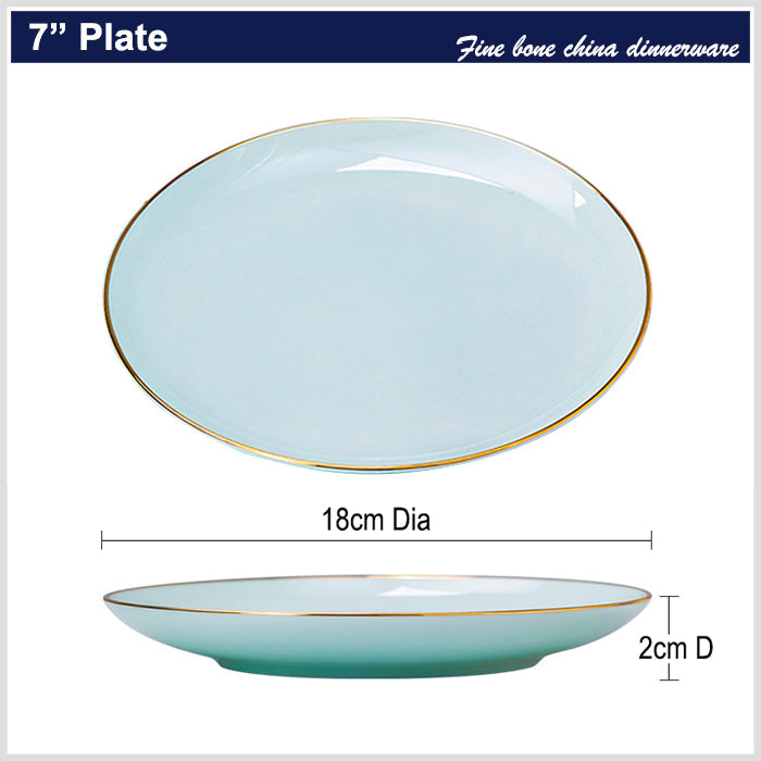 Bone China Celadon Dinnerware - Flat Plate with Gold Rim