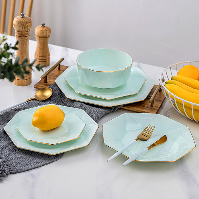 Bone China Celadon Dinnerware - Octagon Plate with Gold Rim
