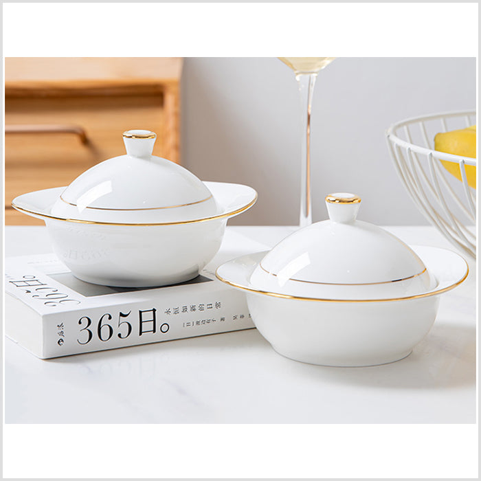 Bone China Steam Soup Bowl W/ Lid - Ellipse in Front