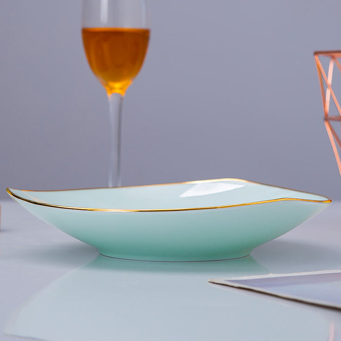 Bone China Celadon Dinnerware - Triangle Plate with Gold Rim