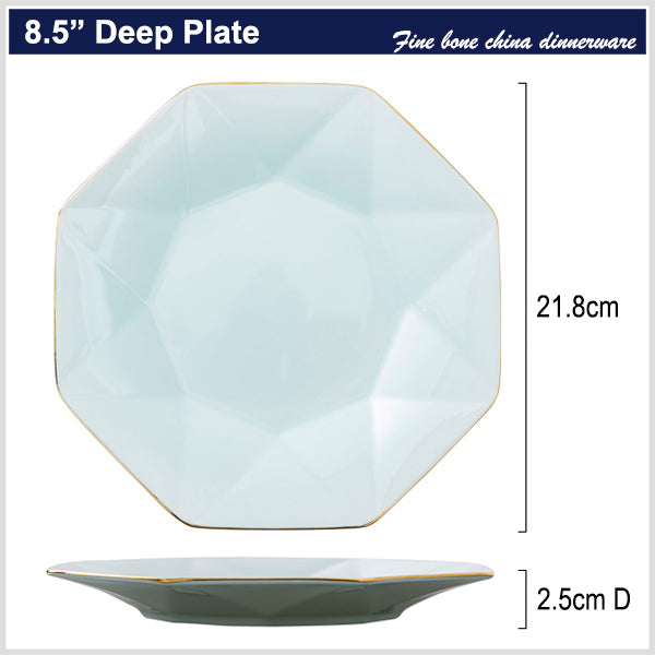 Bone China Celadon Dinnerware - Octagon Plate with Gold Rim