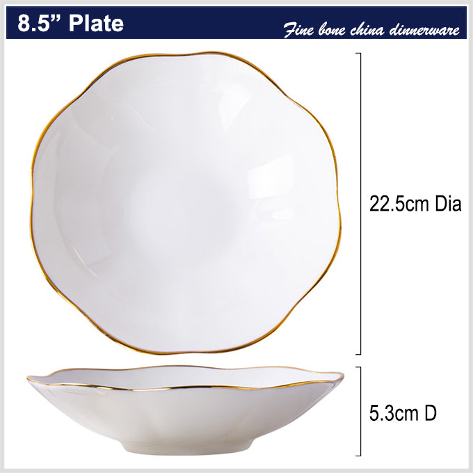 Bone China Deep Plate - Scalloped Edge & Gold Rim