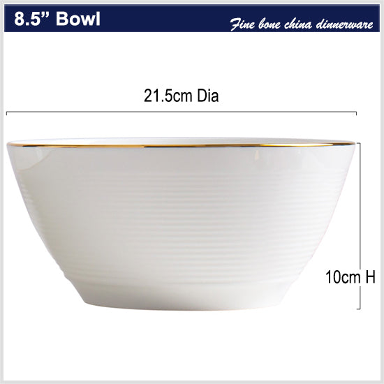 Bone China Round Bowl - Horizontal Ridges & Gold Rim