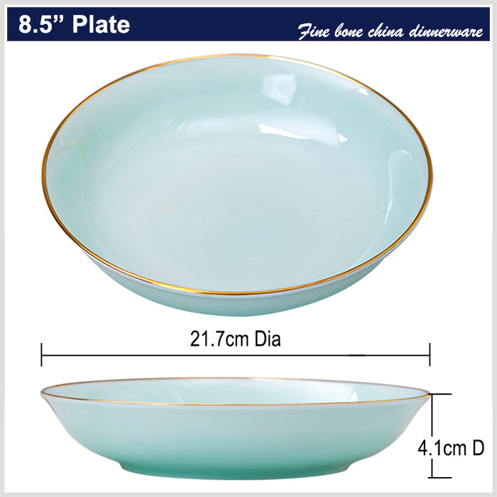 Bone China Celadon Dinnerware - Soup Plate with Gold Rim