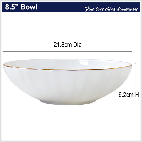 Bone China Ribbed Bowl - with Wide Mouth & Gold Rim