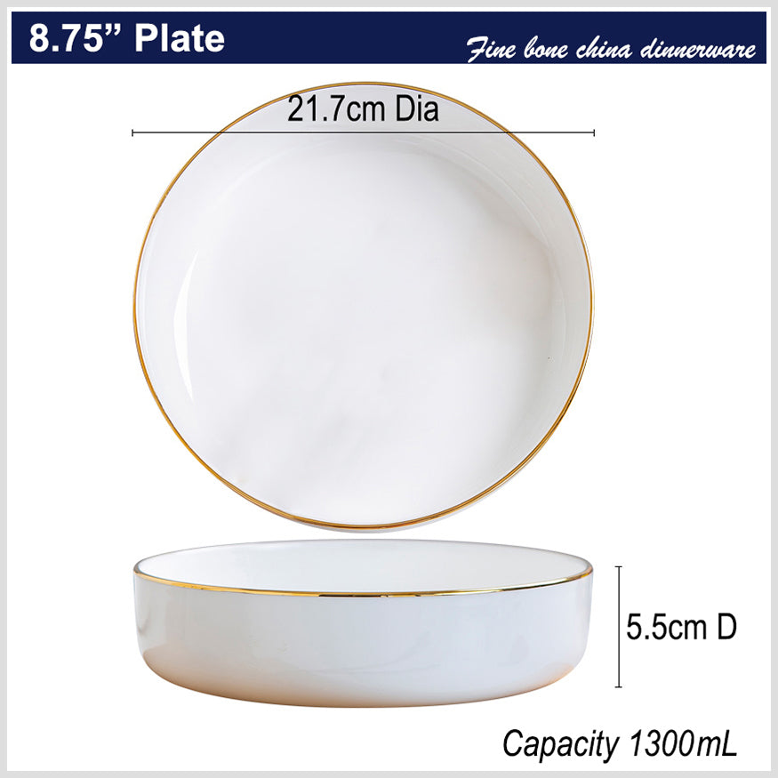 Bone China Dinnerware - Round Plate with Gold Rim