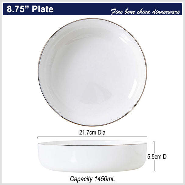 Bone China Dinnerware - Round Plate with Silver Rim