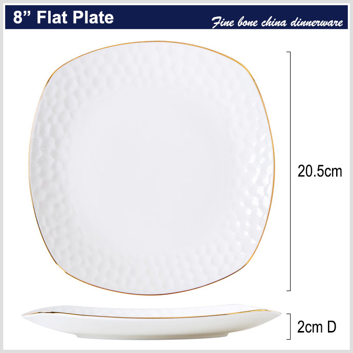 Bone China Square Plate - Golf Shaped Edge with Gold Rim