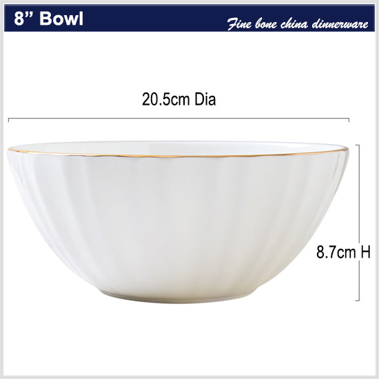 Bone China Ribbed Bowl - White with Gold Rim