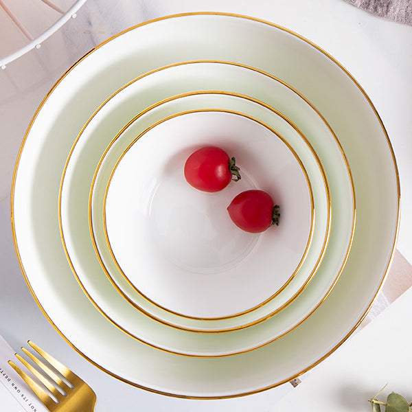 Bone China Round Bowl - Horizontal Ridges & Gold Rim