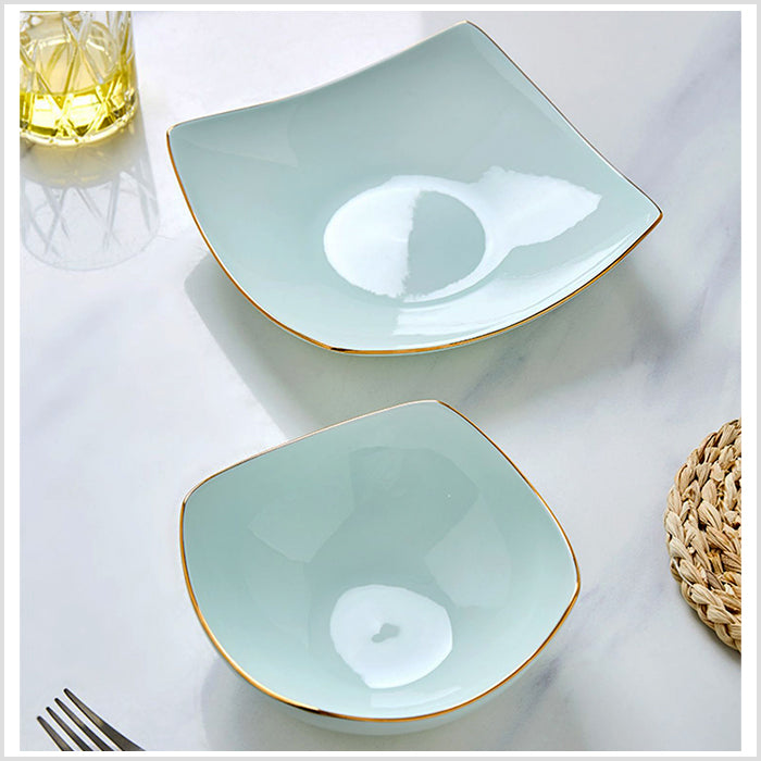 Bone China Celadon Square Plate - Curved Edge with Upward Angles