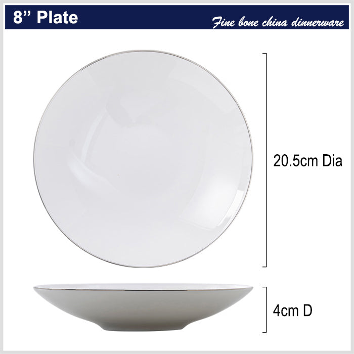 Bone China Round Plate - White with Silver Rim
