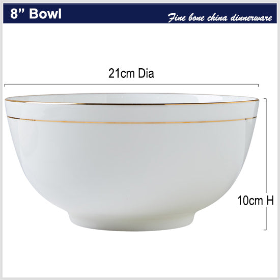 Bone China Round Bowl - White with Gold Rim & Foot
