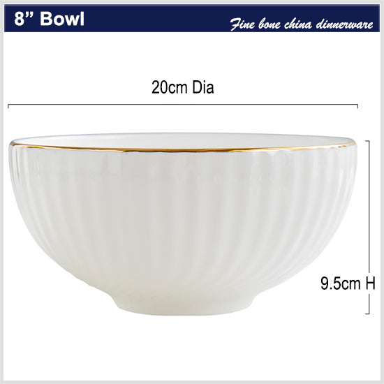 Bone China Round Bowl - Curved Ridges & Gold Rim